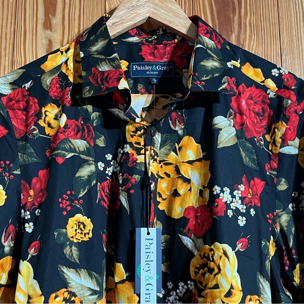 Paisley & Gray Slim Fit Tab Collar Black All Over Print Roses Club Shirt - Picture 3 of 14